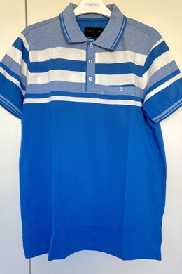 Mellemblå polo shirt til herrer fra Roberto med lyse kontrast striber